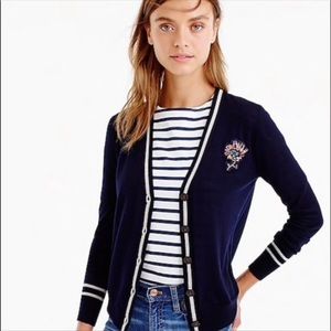 J.CREW~SIZE XS~CLASSIC NAVY WHITE CARDIGAN SWEATER JEWEL FLORAL EMBELLISHED ~